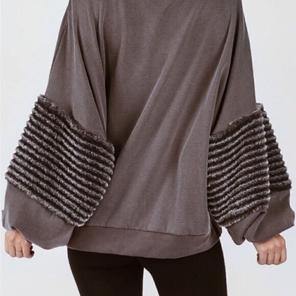Young Fabulous and Broke Gray Faux Fur Stripe Sleeve Cozy Pullover - Picture 3 of 16